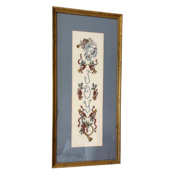 Vintage Framed Needlepoint Wall Art JOY Christmas Angel Trumpet Holly Ribbons - Picture 1 of 11